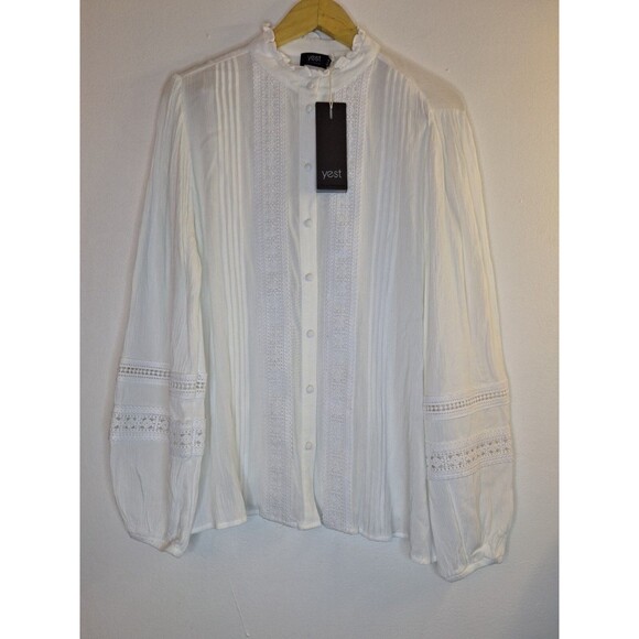 YEST Women's White Gauzy Cotton Button Up Shirt Women's Sz 10 Crochet Bohemian - Picture 3 of 12